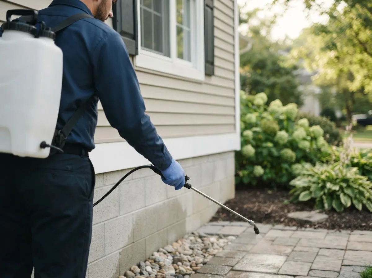 Pest control technician inspecting a home in Clovis, NM